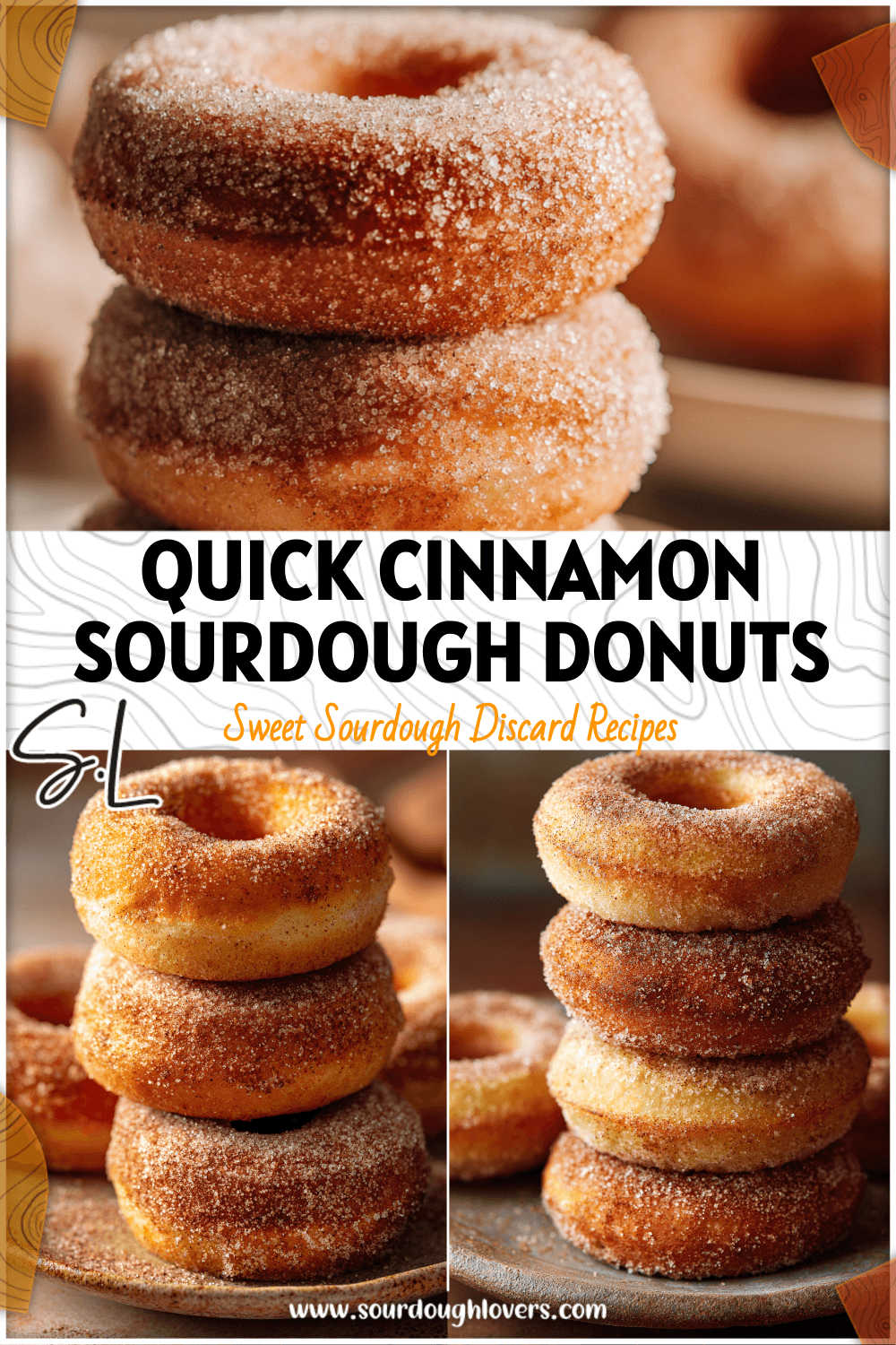 A stack of baked sourdough discard donuts dusted with cinnamon sugar on a rustic plate.